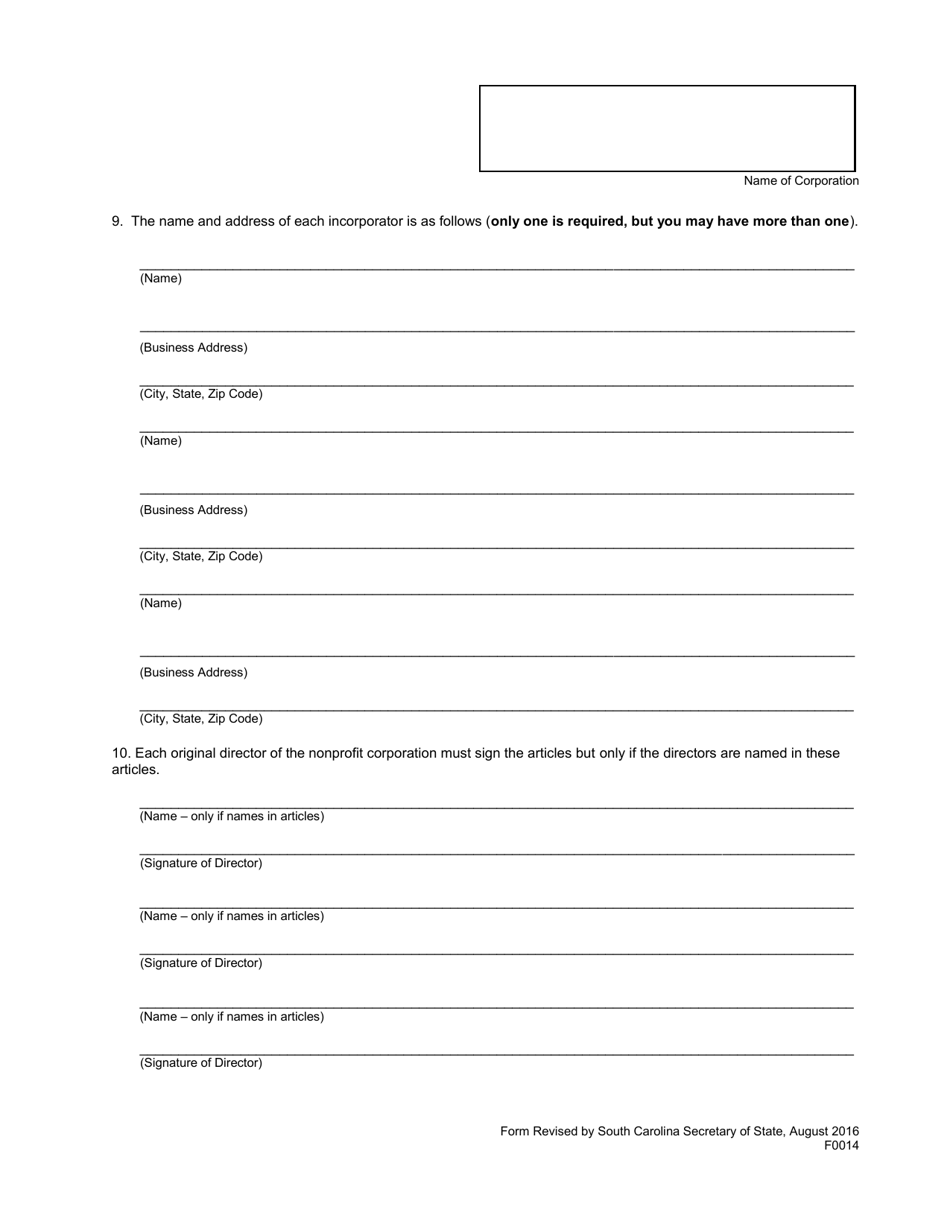 Form 0014 Articles of Incorporation for Nonprofit Corporation - Domestic - South Carolina, Page 3