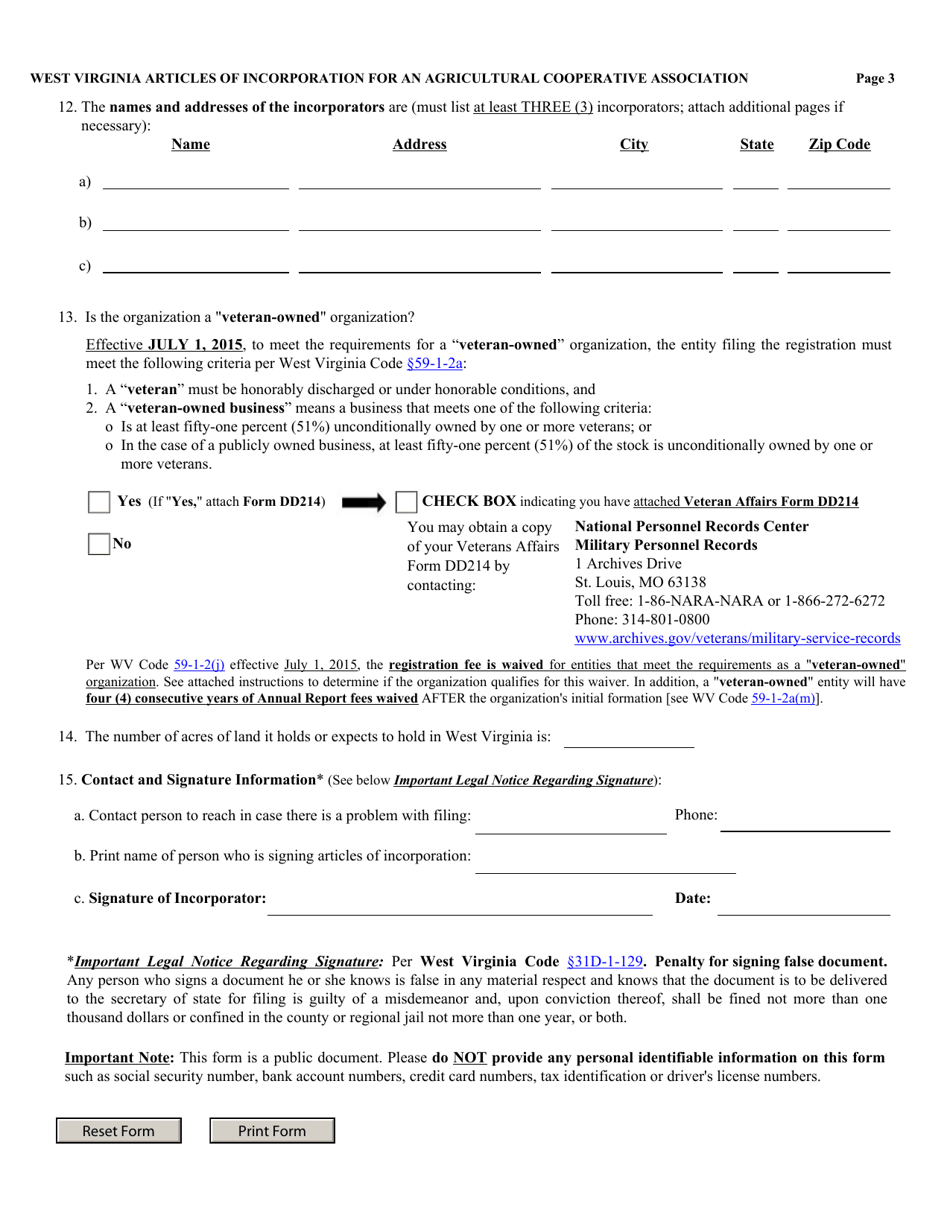 Form CAD-1 West Virginia Articles of Incorporation for an Agricultural Cooperative Association - West Virginia, Page 3