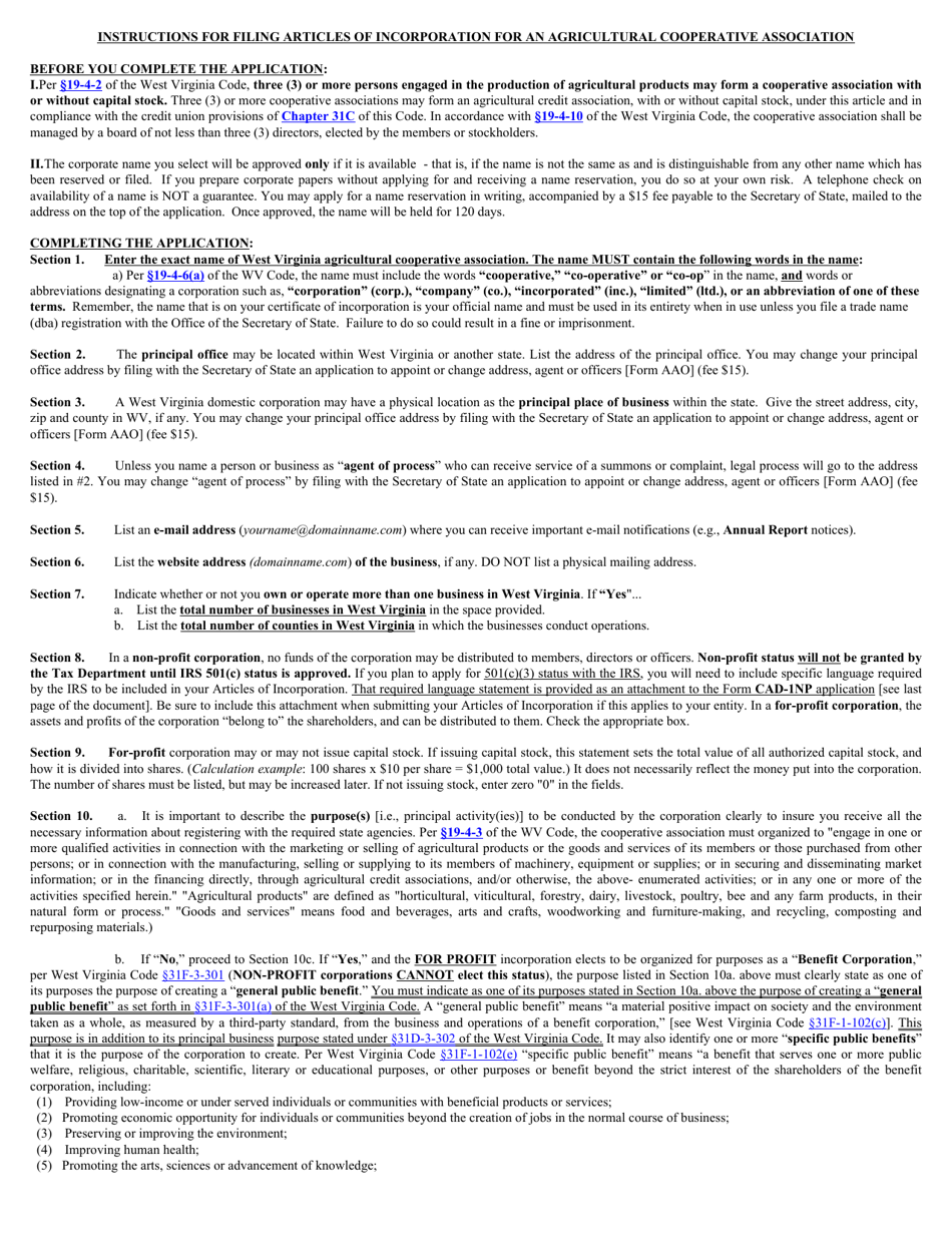 Form CAD-1 West Virginia Articles of Incorporation for an Agricultural Cooperative Association - West Virginia, Page 4