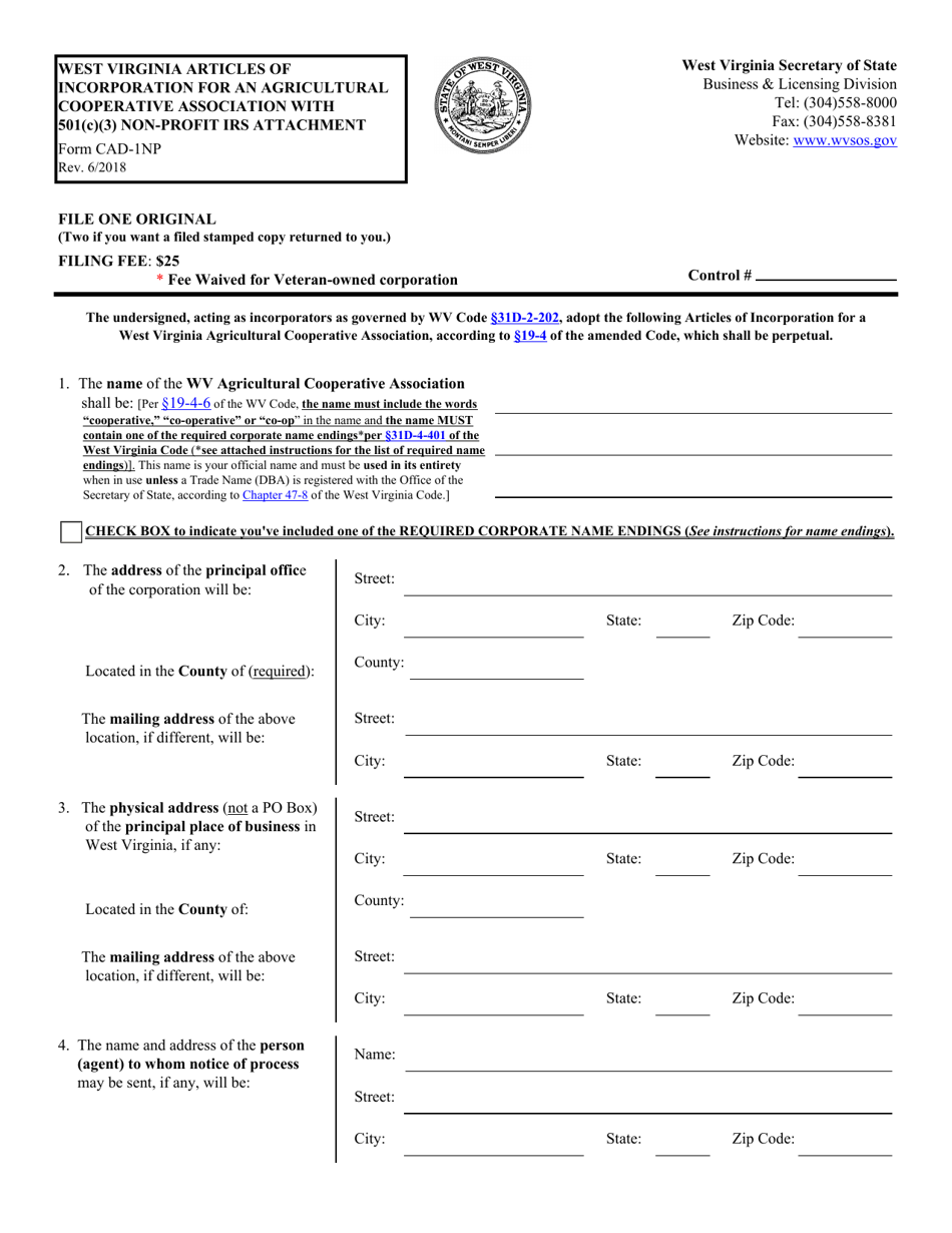 Form CAD-1NP West Virginia Articles of Incorporation for an Agricultural Cooperative Association With 501(C)(3) Non-profit IRS Attachment - West Virginia, Page 1