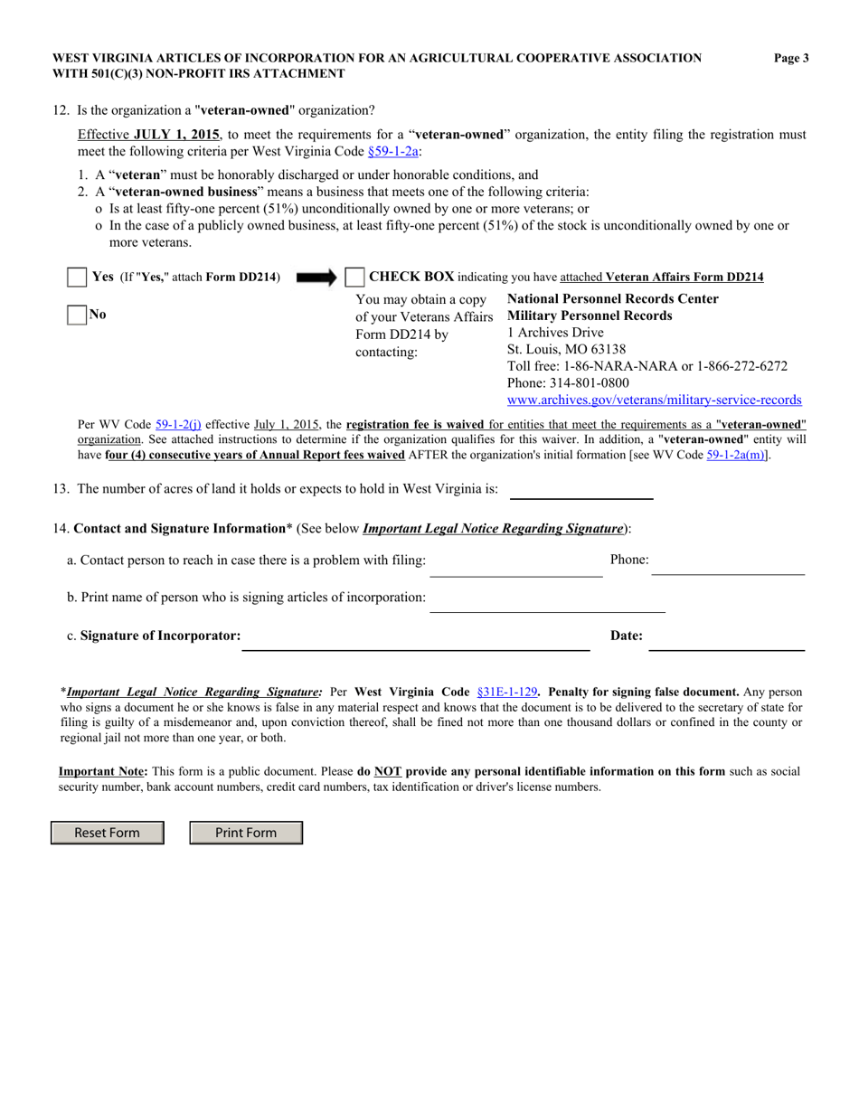 Form CAD-1NP West Virginia Articles of Incorporation for an Agricultural Cooperative Association With 501(C)(3) Non-profit IRS Attachment - West Virginia, Page 3