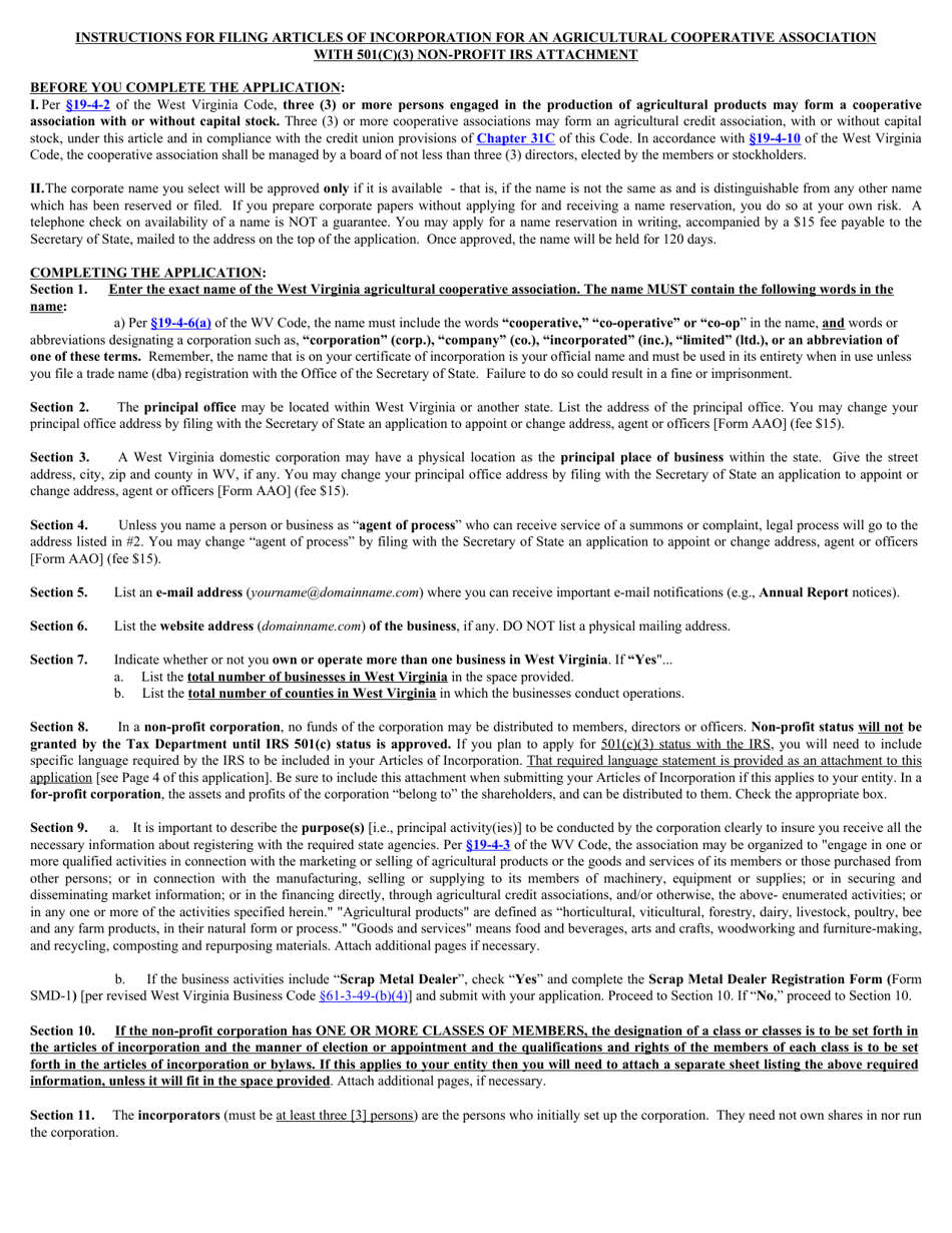 Form CAD-1NP West Virginia Articles of Incorporation for an Agricultural Cooperative Association With 501(C)(3) Non-profit IRS Attachment - West Virginia, Page 5