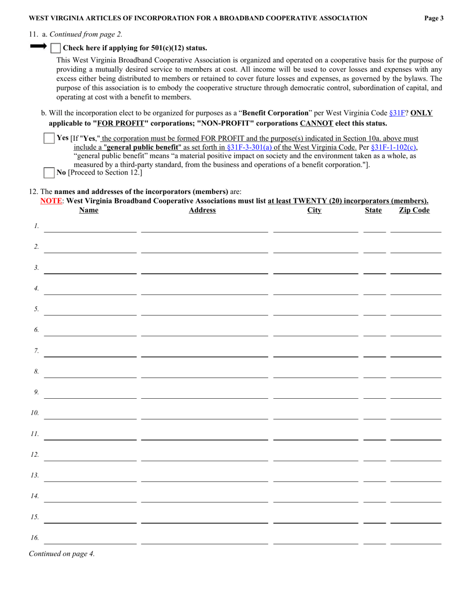 Form SBD-1 West Virginia Articles of Incorporation for a Broadband Cooperative Association - West Virginia, Page 3