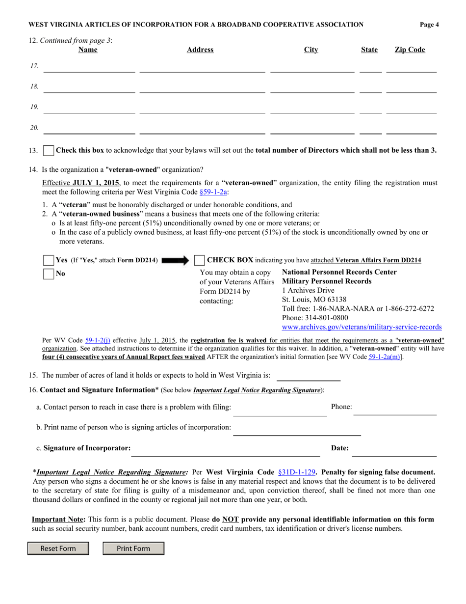 Form SBD-1 West Virginia Articles of Incorporation for a Broadband Cooperative Association - West Virginia, Page 4