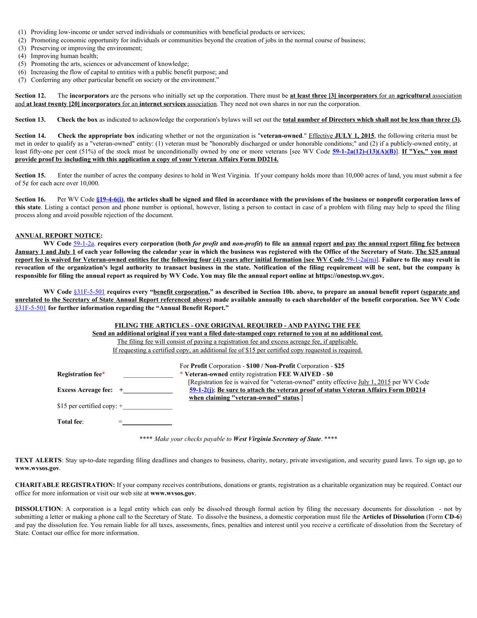 Form SBD-1 West Virginia Articles of Incorporation for a Broadband Cooperative Association - West Virginia, Page 6