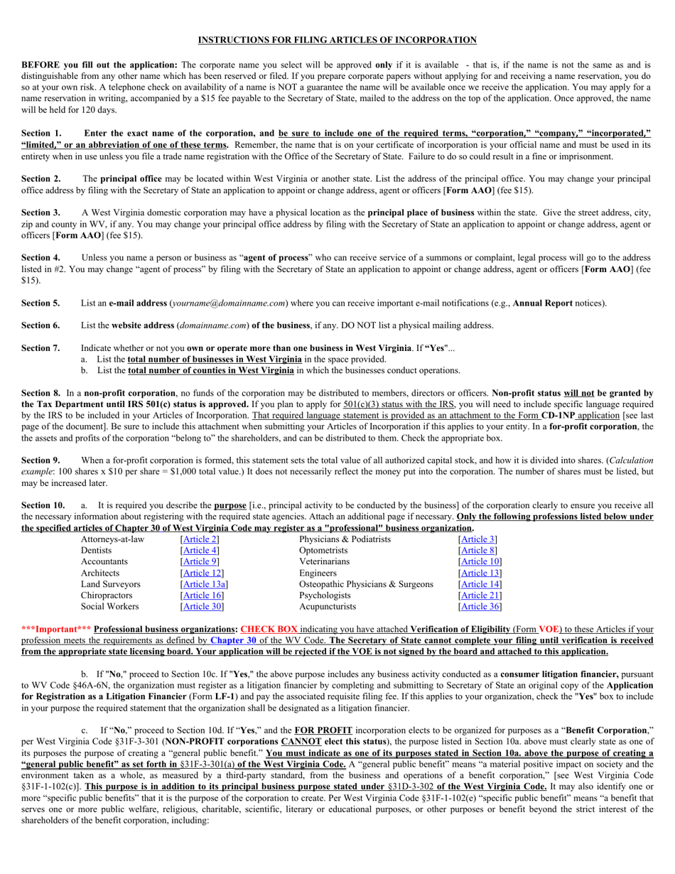 Form CD-1 West Virginia Articles of Incorporation - West Virginia, Page 4