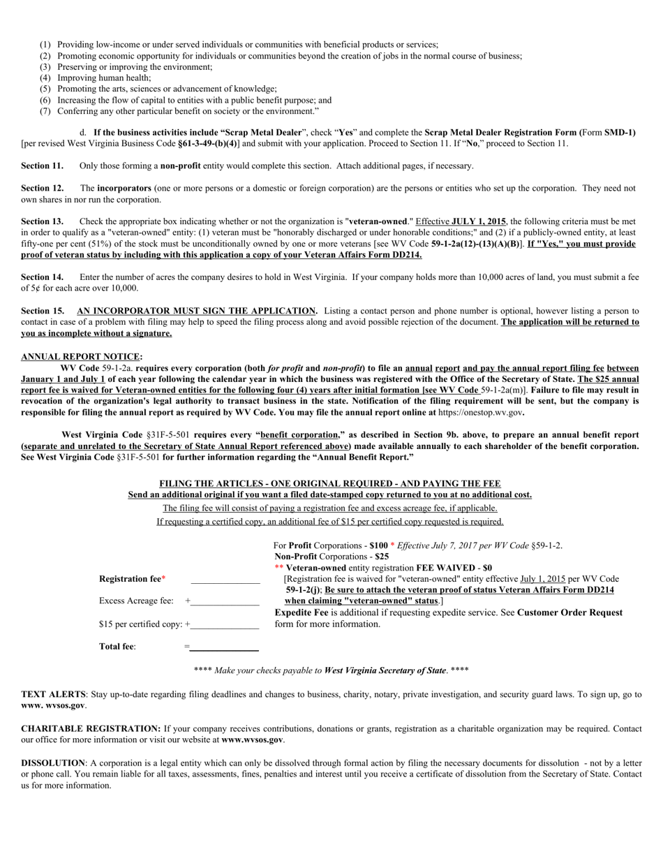 Form CD-1 West Virginia Articles of Incorporation - West Virginia, Page 5