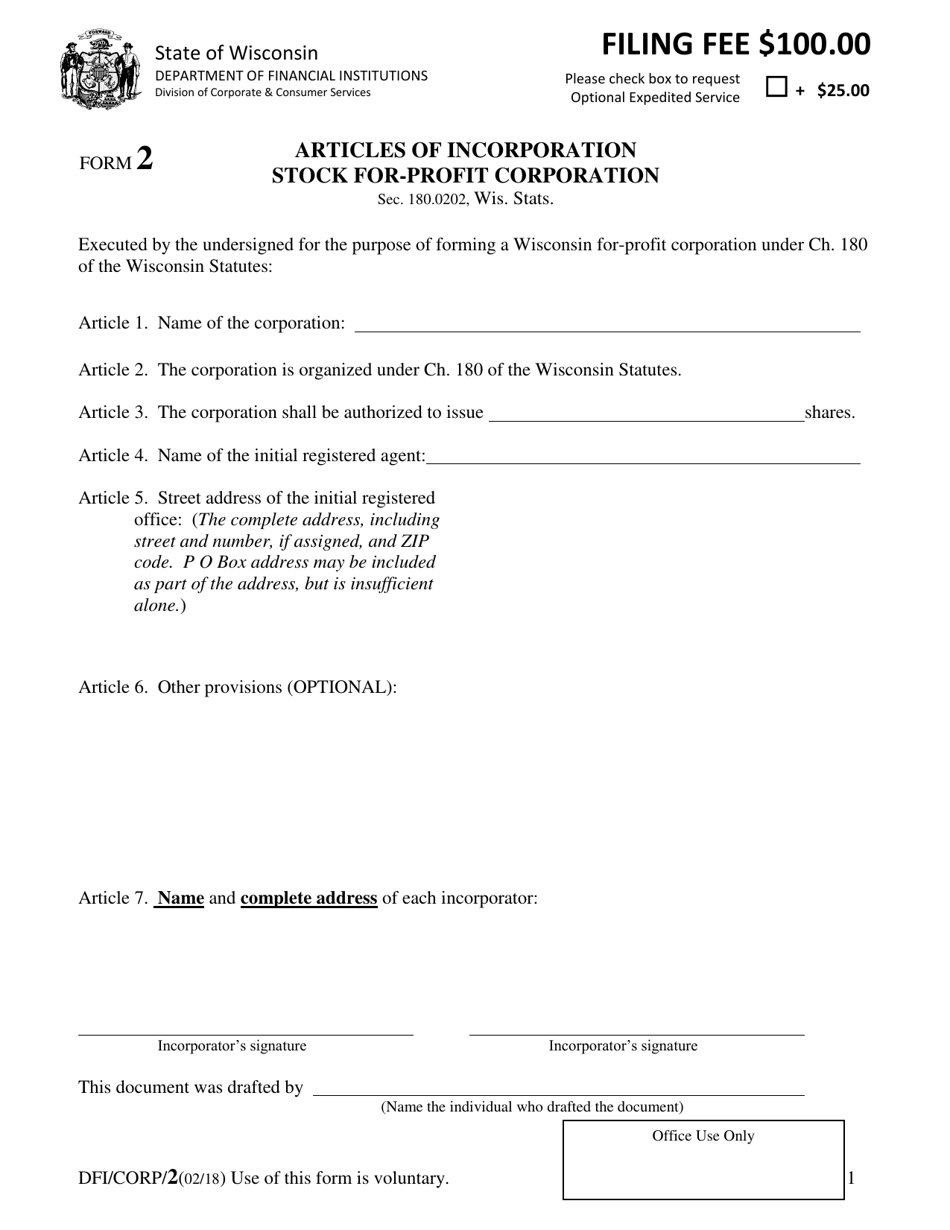 Form DFI / CORP / 2 Articles of Incorporation Stock for-Profit Corporation - Wisconsin, Page 1