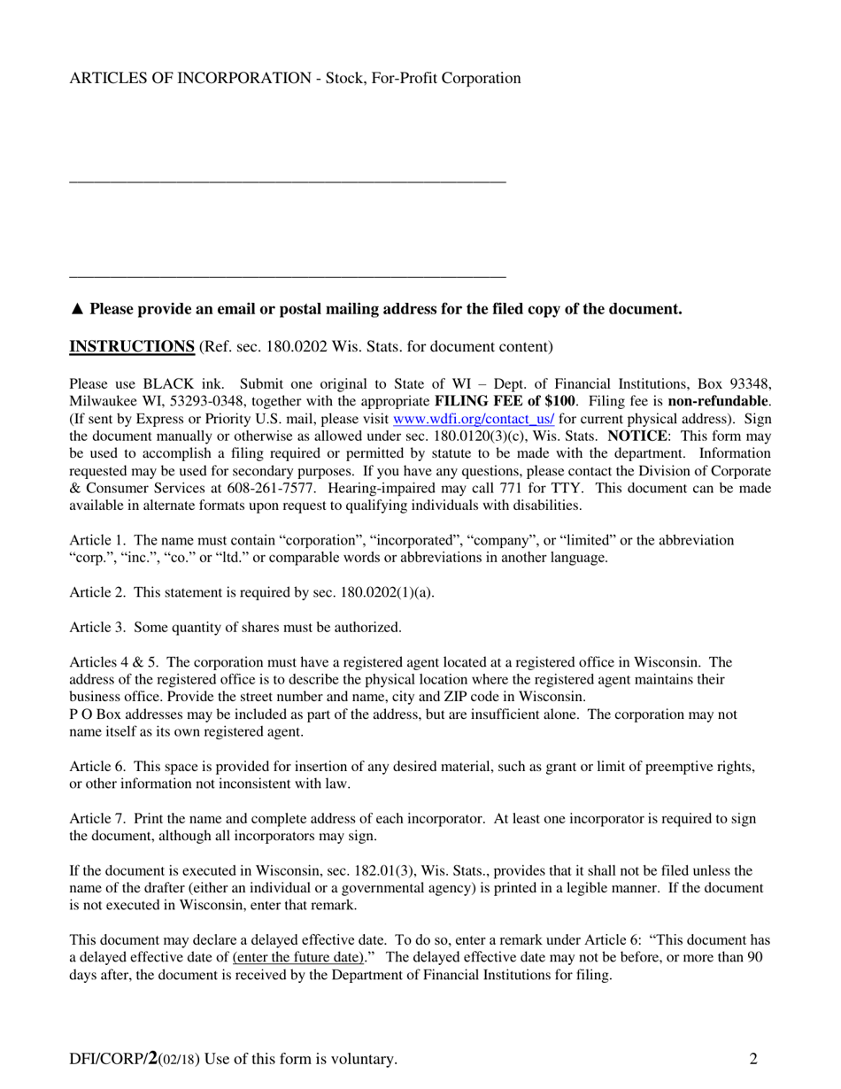 Form DFI / CORP / 2 Articles of Incorporation Stock for-Profit Corporation - Wisconsin, Page 2