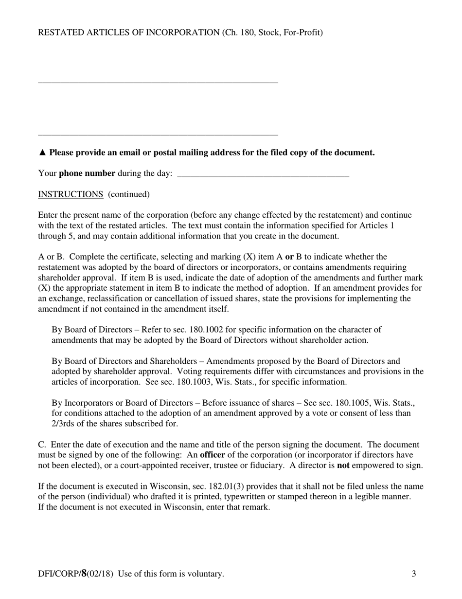 Form DFI / CORP / 8 Restated Articles of Incorporation Stock for-Profit Corporation - Wisconsin, Page 3