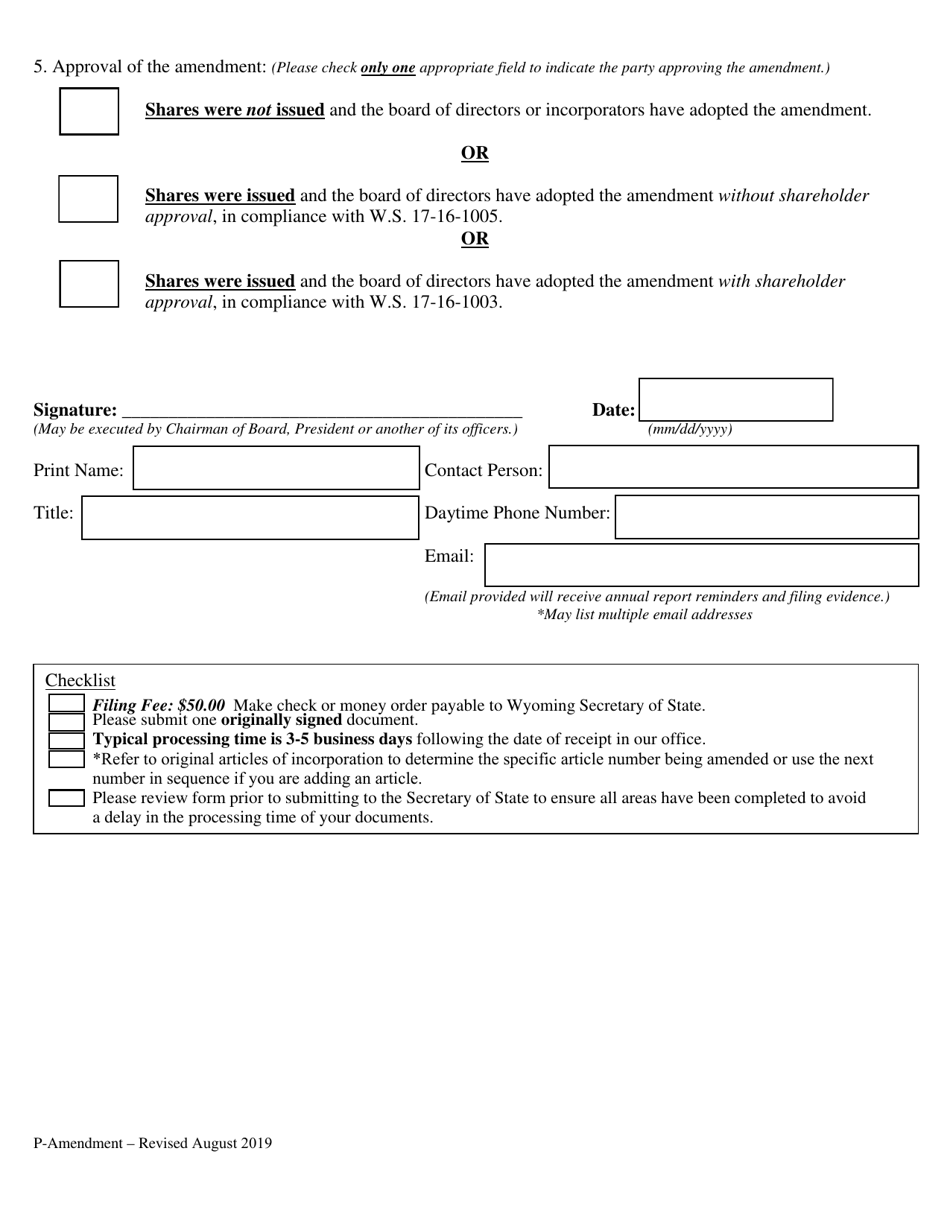 Profit Corporation Articles of Amendment - Wyoming, Page 2