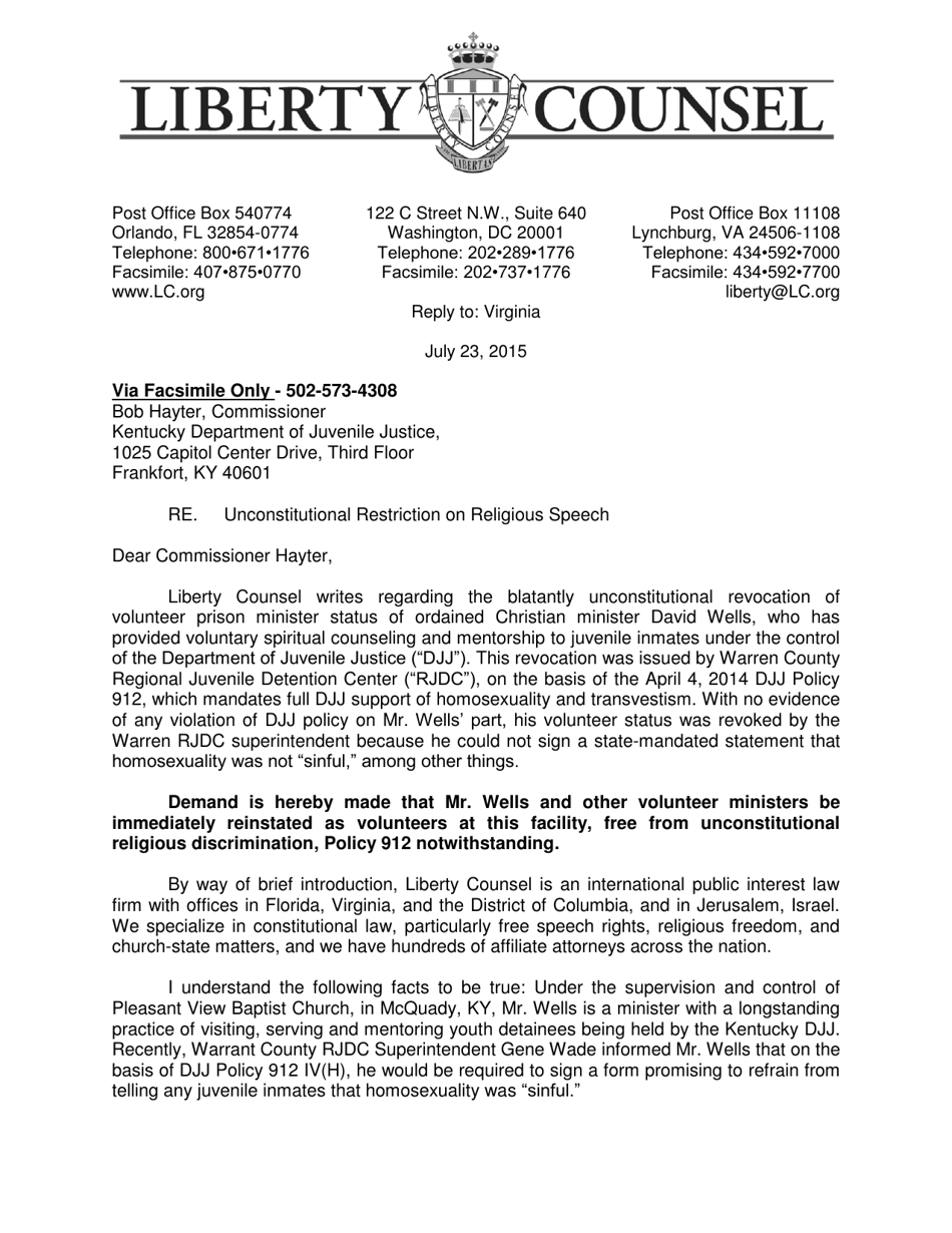 Letter to Kentucky Department of Juvenile Justice - Unconstitutional Restriction on Religious Speechunconstitutional Restriction on Religious Speech, Richard Mast, Liberty University - Kentucky, Page 1