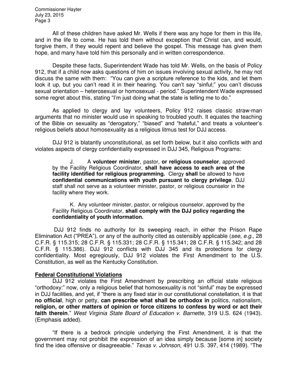 Letter to Kentucky Department of Juvenile Justice - Unconstitutional Restriction on Religious Speechunconstitutional Restriction on Religious Speech, Richard Mast, Liberty University - Kentucky, Page 3