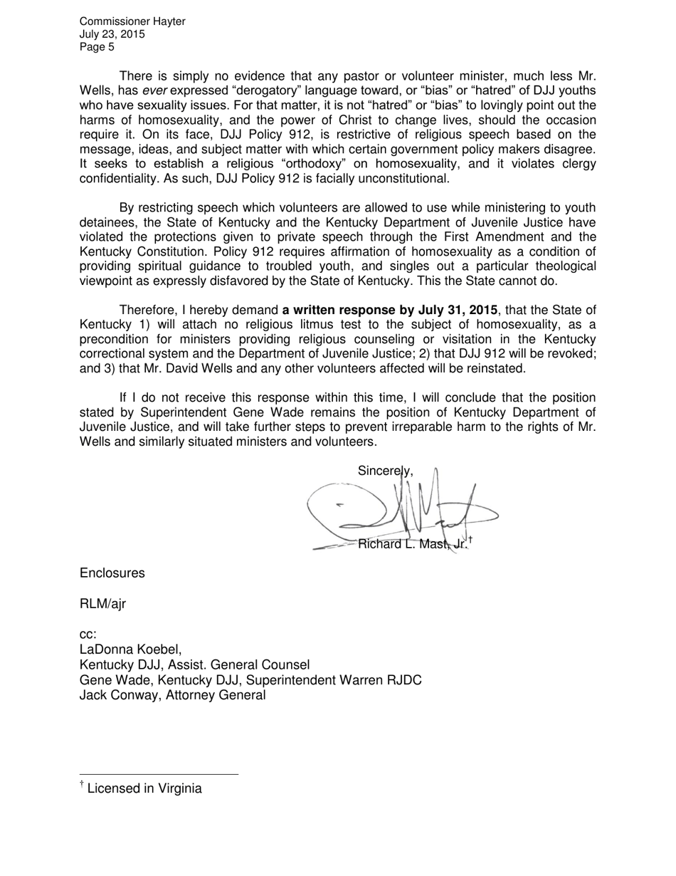 Letter to Kentucky Department of Juvenile Justice - Unconstitutional Restriction on Religious Speechunconstitutional Restriction on Religious Speech, Richard Mast, Liberty University - Kentucky, Page 5