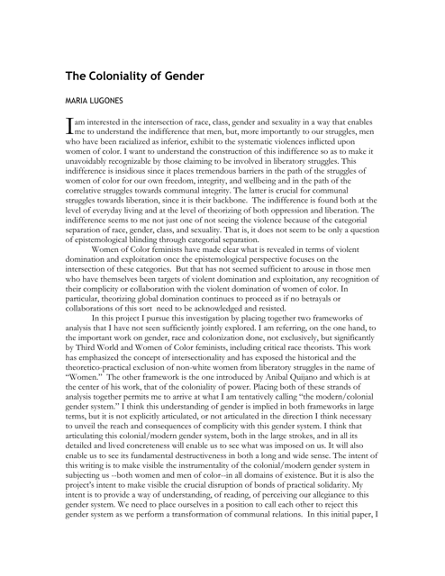 A visual preview of "The Coloniality of Gender" written by Maria Lugones.