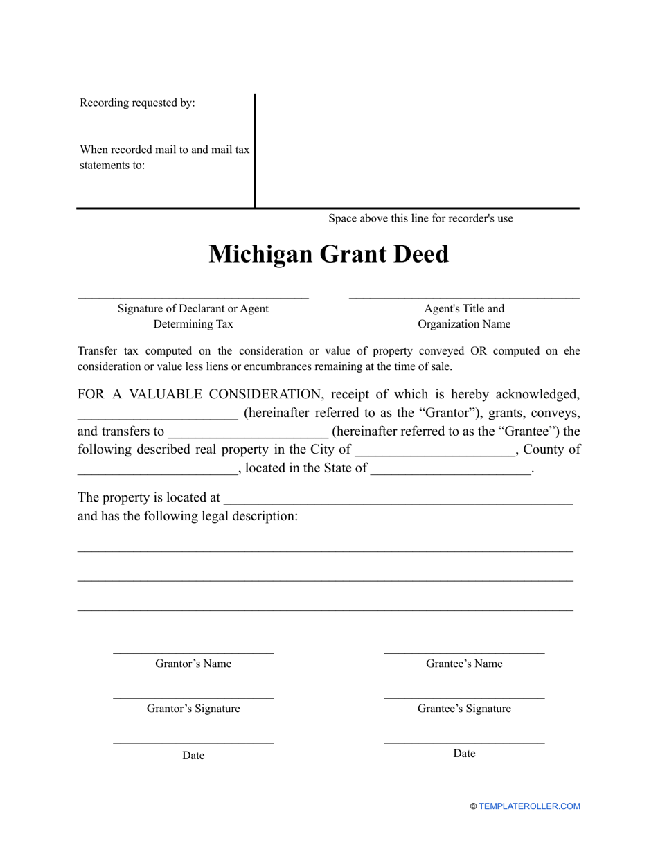 Michigan Grant Deed Form Fill Out, Sign Online and Download PDF