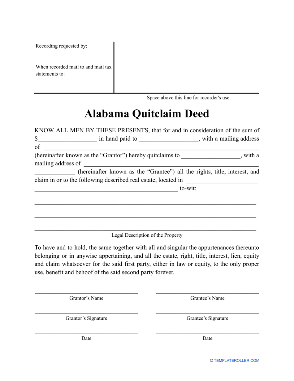 Alabama Quitclaim Deed Form Download Printable Pdf Templateroller