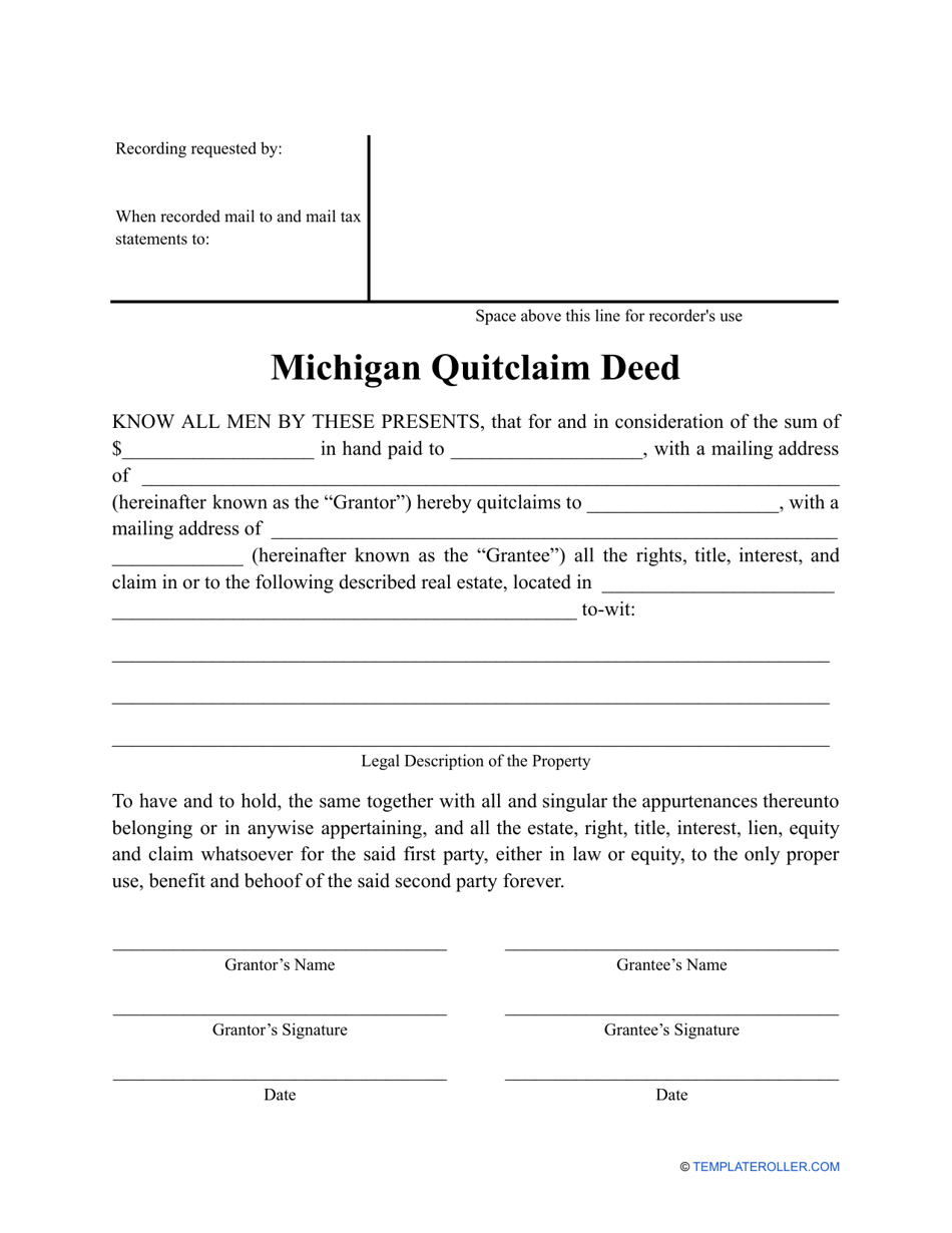 Quitclaim Deed Form - Michigan, Page 1