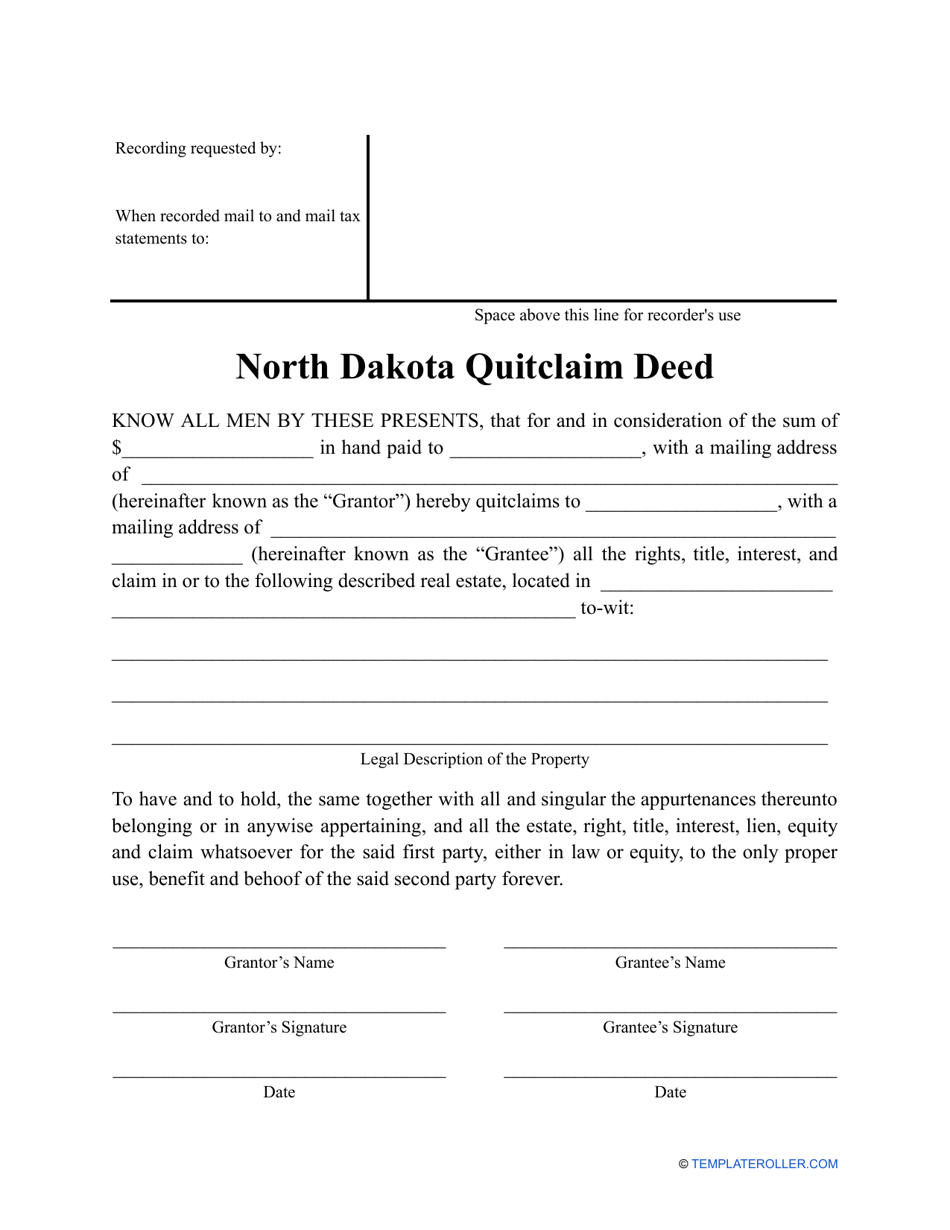 North Dakota Quitclaim Deed Form Fill Out, Sign Online and Download