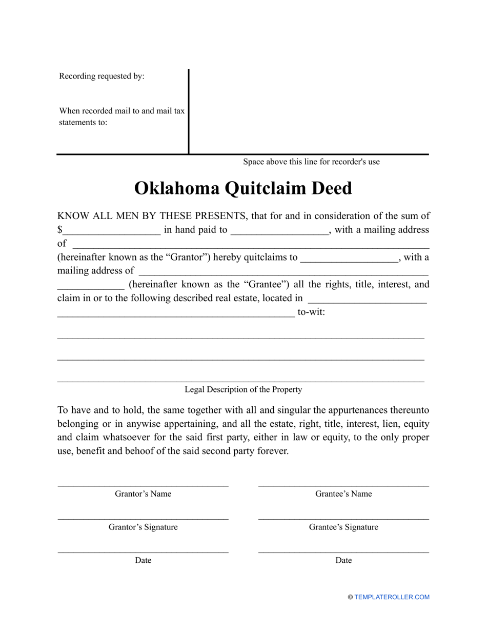 Free Printable Blank Quit Claim Deed Form Oklahoma