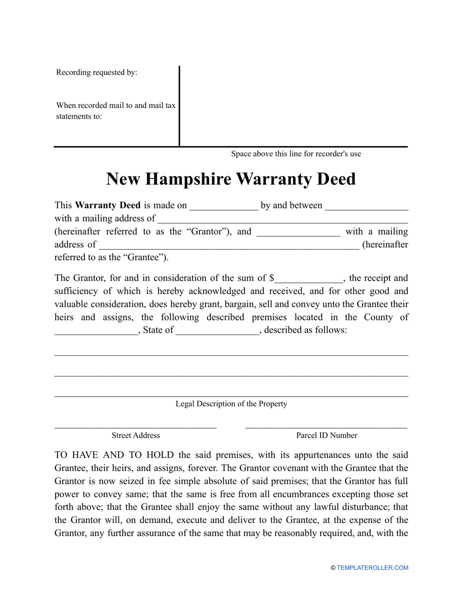 Warranty Deed Form - New Hampshire, Page 1