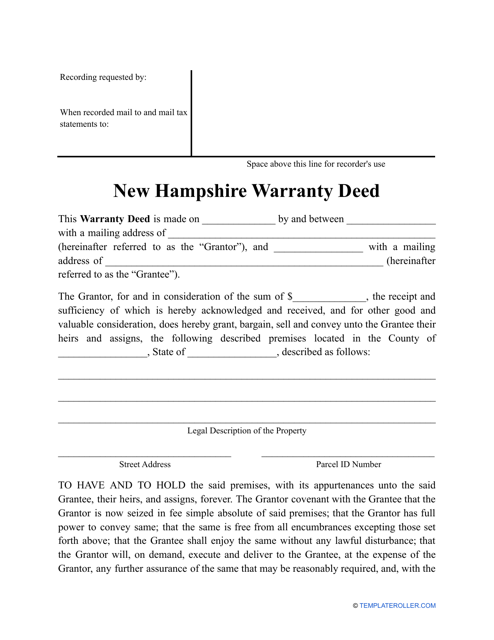 &quot;Warranty Deed Form&quot; - New Hampshire Download Pdf