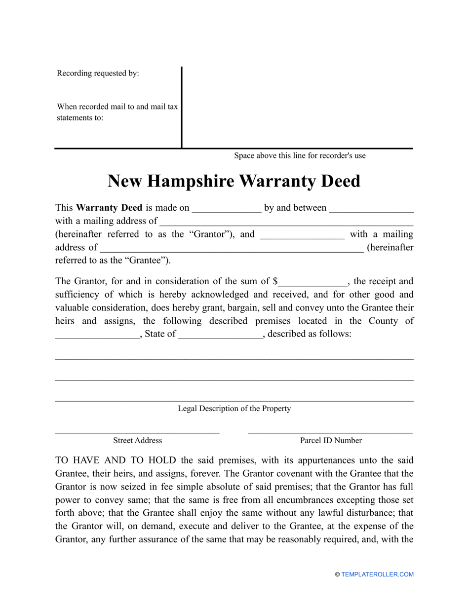 New Hampshire Warranty Deed Form Fill Out, Sign Online and Download