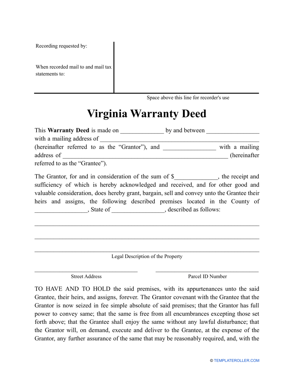 Virginia Warranty Deed Form Fill Out, Sign Online and Download PDF