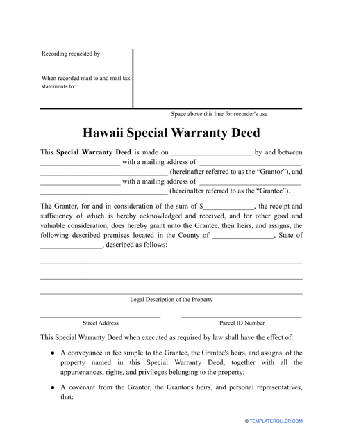 Special Warranty Deed Form - Hawaii Download Pdf
