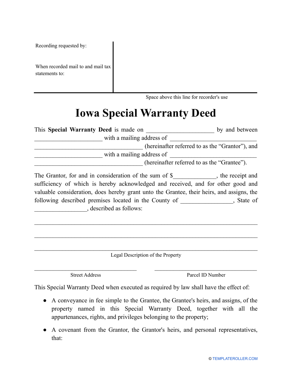 Special Warranty Deed Form - Iowa, Page 1