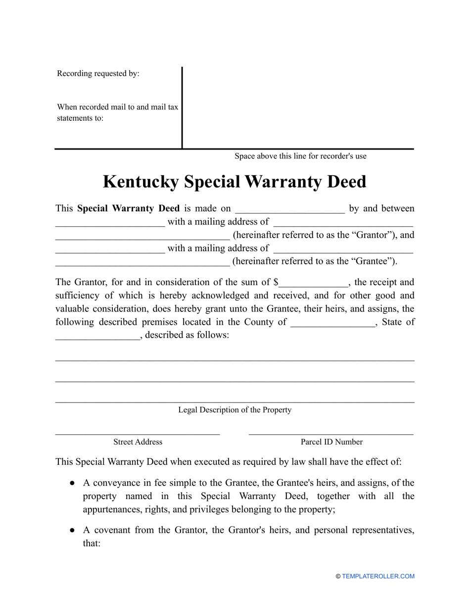 Special Warranty Deed Form - Kentucky, Page 1