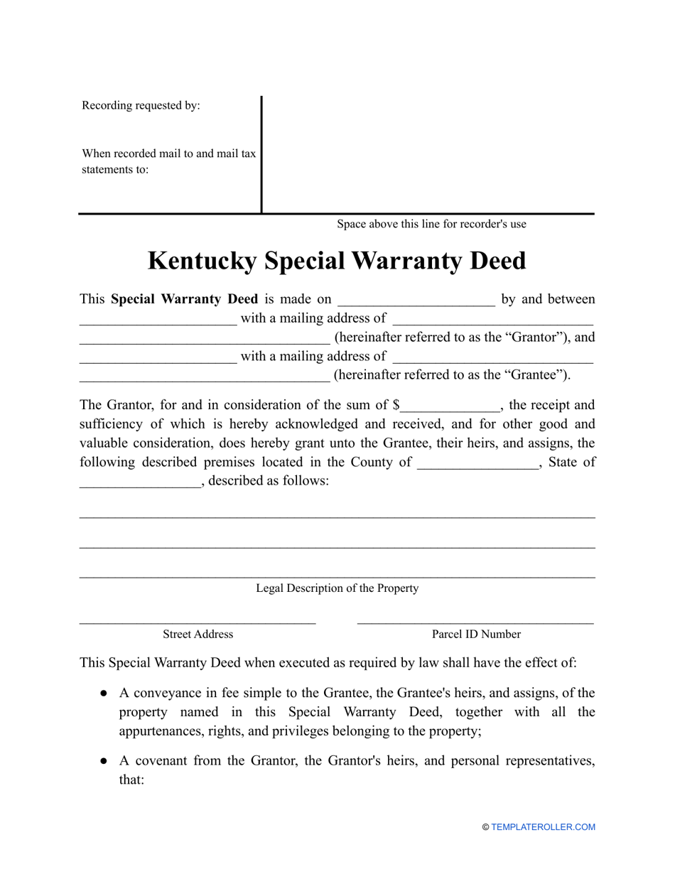 Kentucky Special Warranty Deed Form Fill Out, Sign Online and