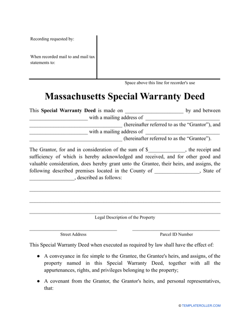 Special Warranty Deed Form - Massachusetts
