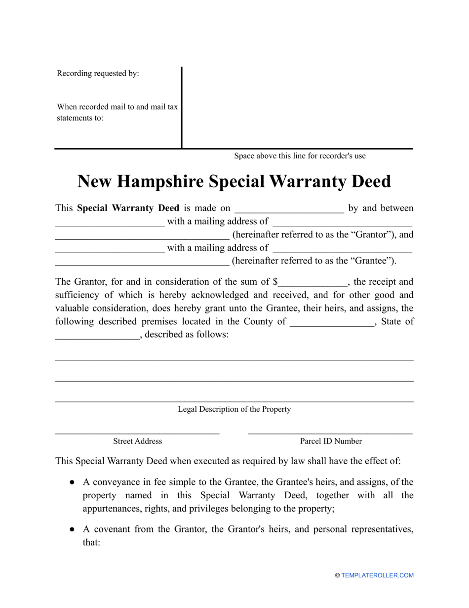 New Hampshire Special Warranty Deed Form Fill Out, Sign Online and