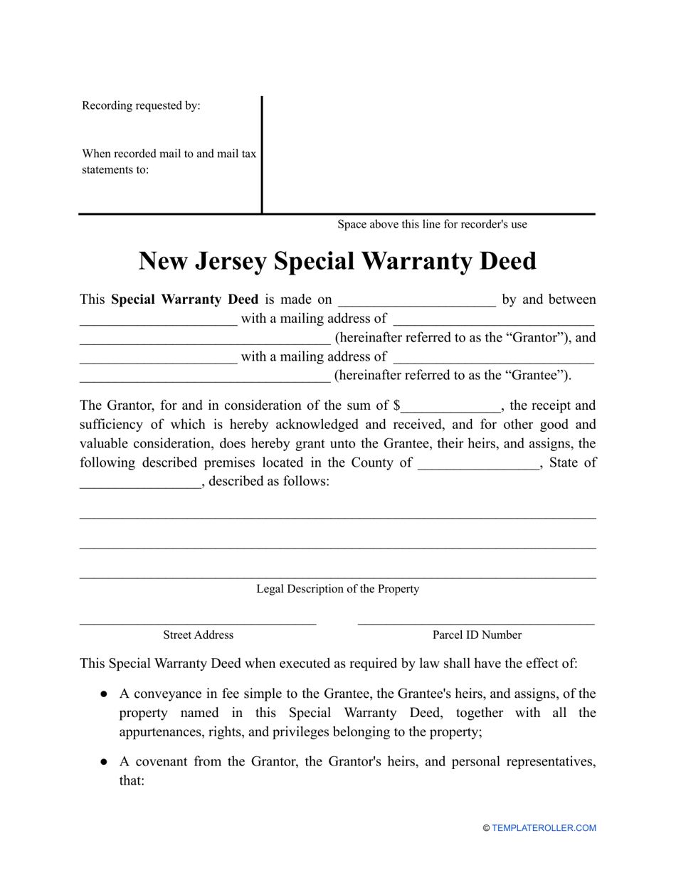 Special Warranty Deed Form - New Jersey, Page 1