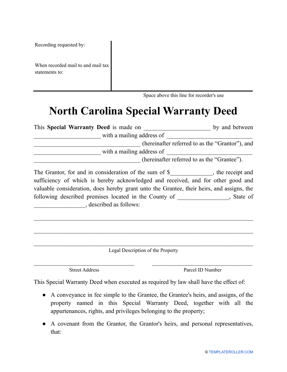 Special Warranty Deed Form - North Carolina, Page 1