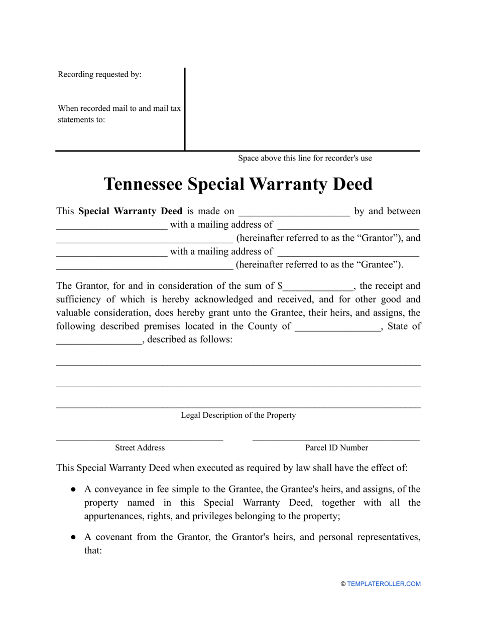 Special Warranty Deed Form - Tennessee, Page 1