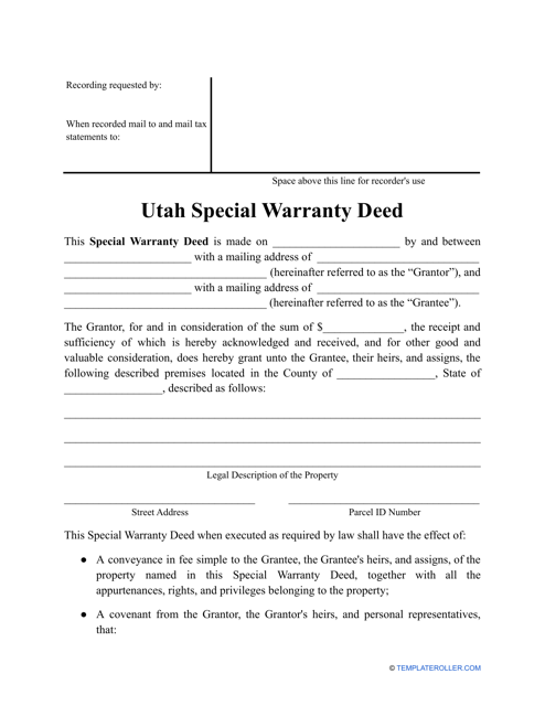 Special Warranty Deed Form - Utah Download Pdf
