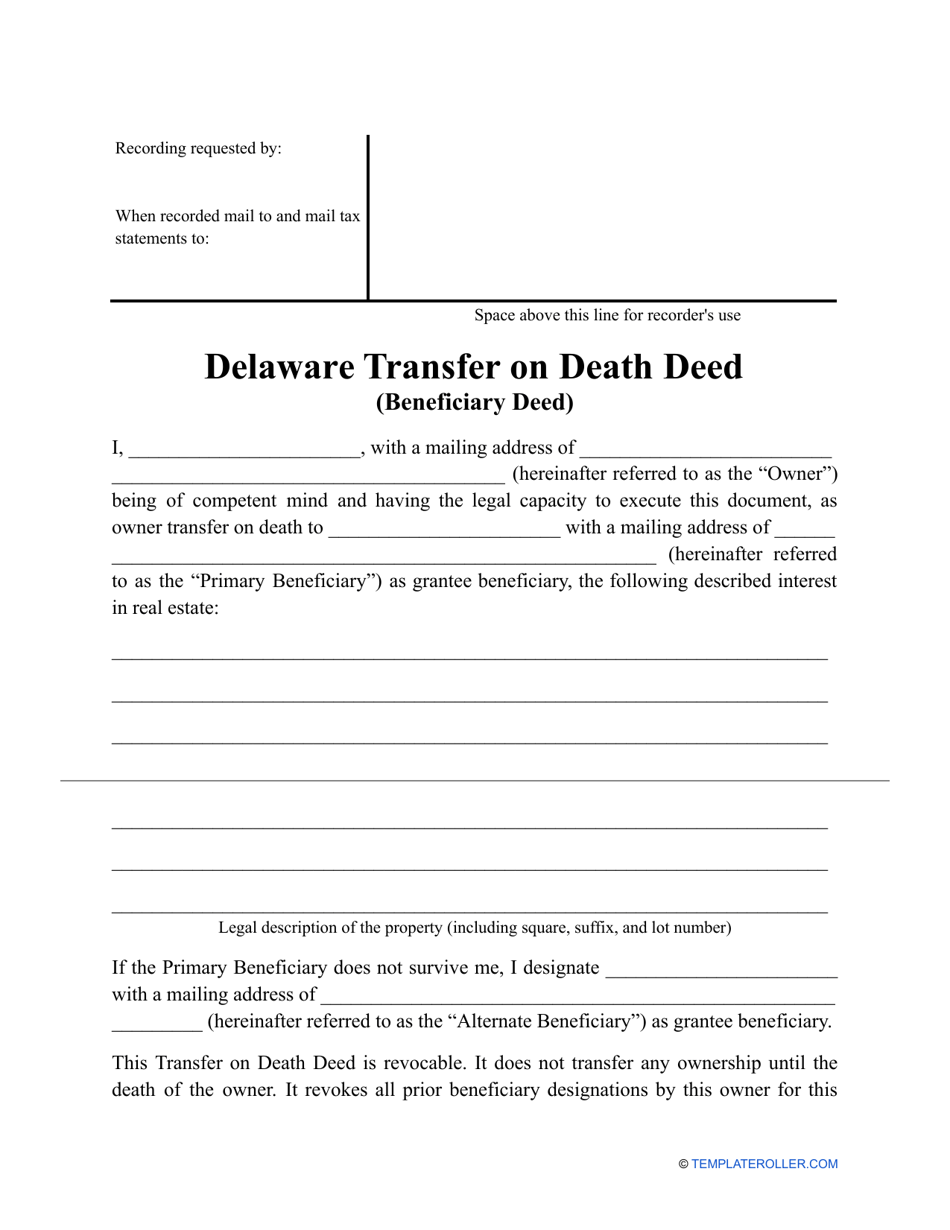 Transfer on Death Deed Form - Delaware, Page 1