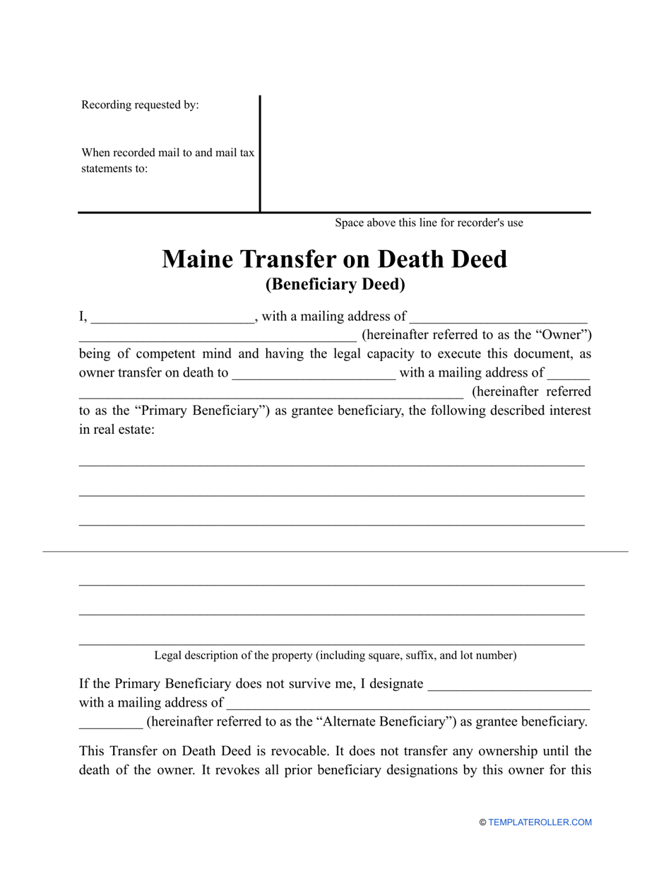 Maine Transfer on Death Deed Form Fill Out, Sign Online and Download PDF Templateroller