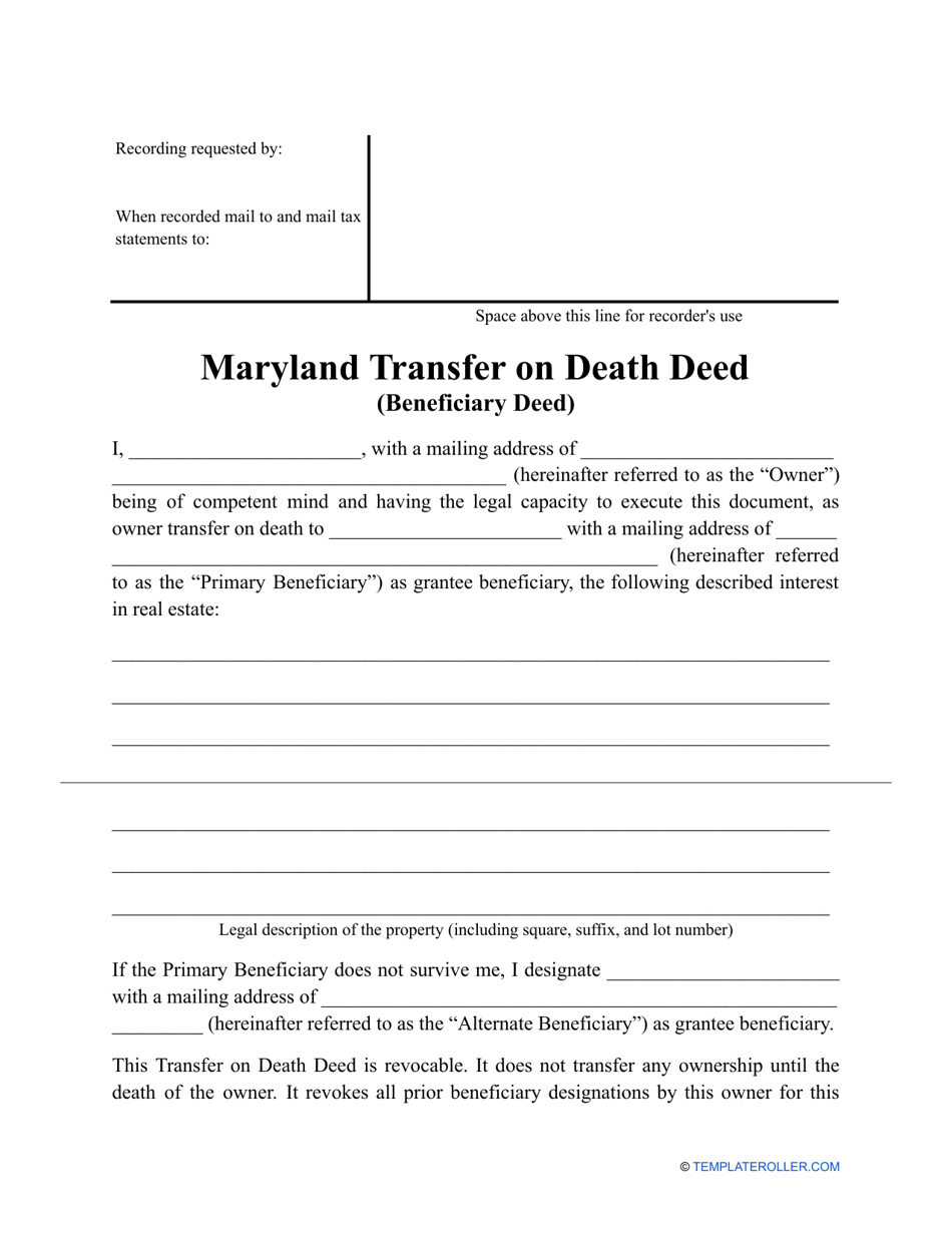 Transfer on Death Deed Form - Maryland, Page 1