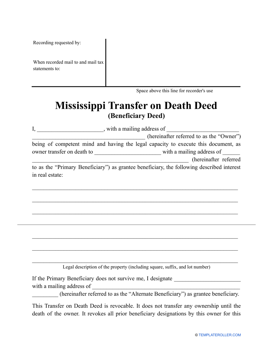 Transfer on Death Deed Form - Mississippi, Page 1
