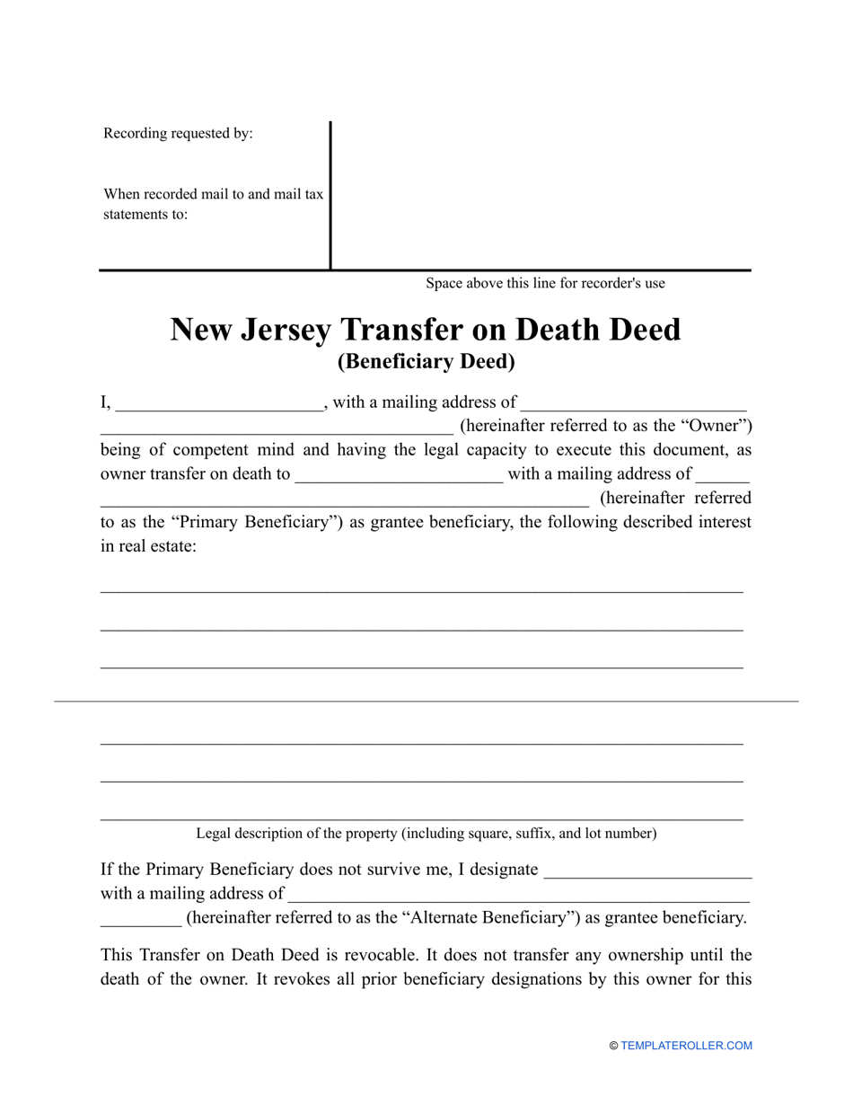 Transfer on Death Deed Form - New Jersey, Page 1