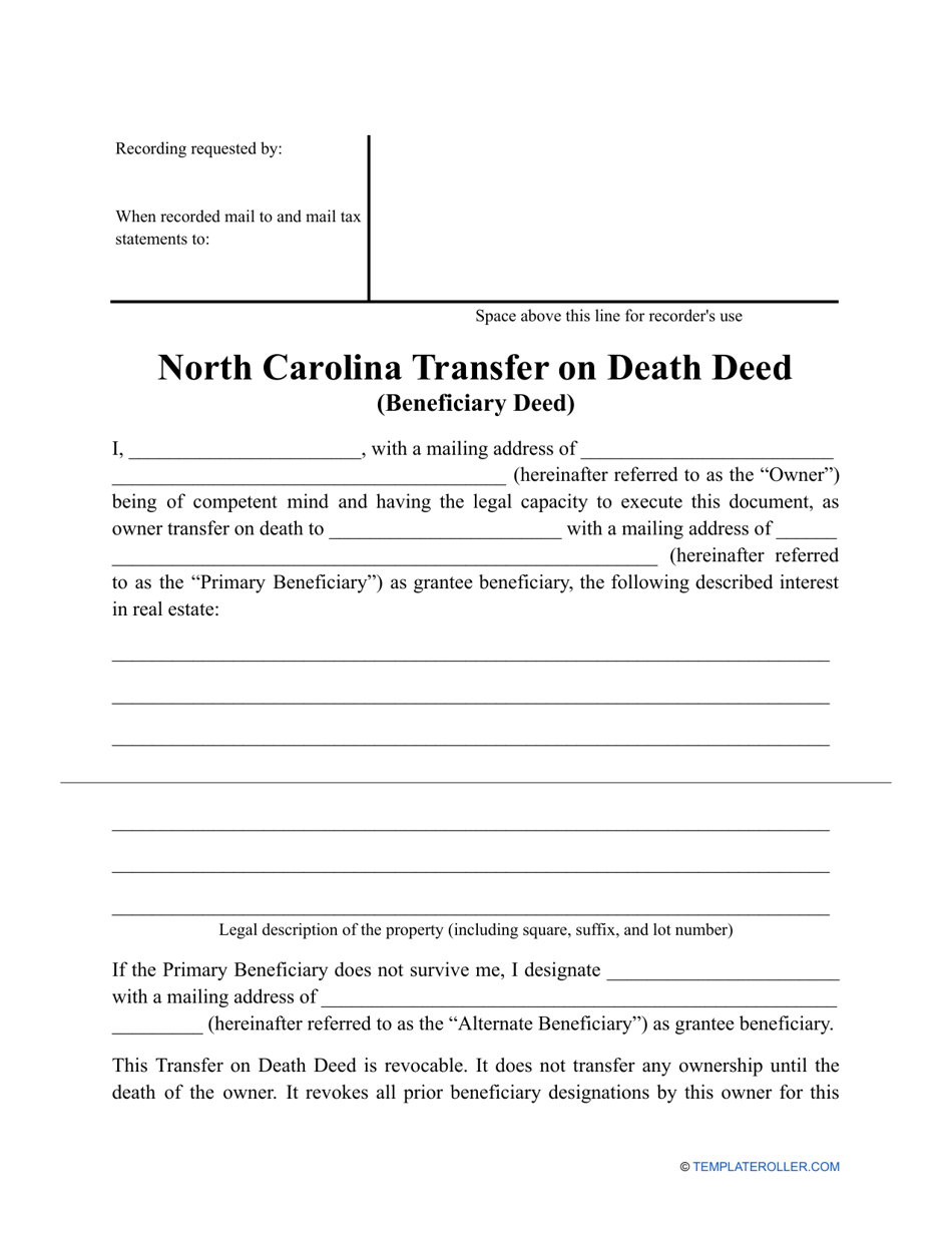 Transfer on Death Deed Form - North Carolina, Page 1