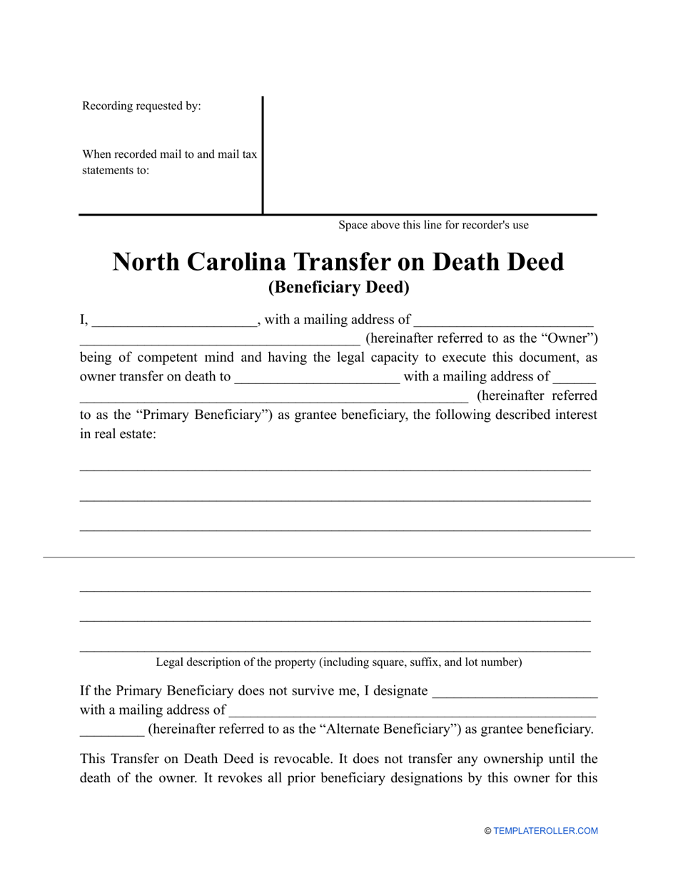 North Carolina Transfer on Death Deed Form Fill Out, Sign Online and