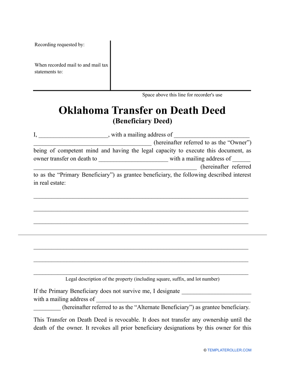 Transfer on Death Deed Form - Oklahoma, Page 1