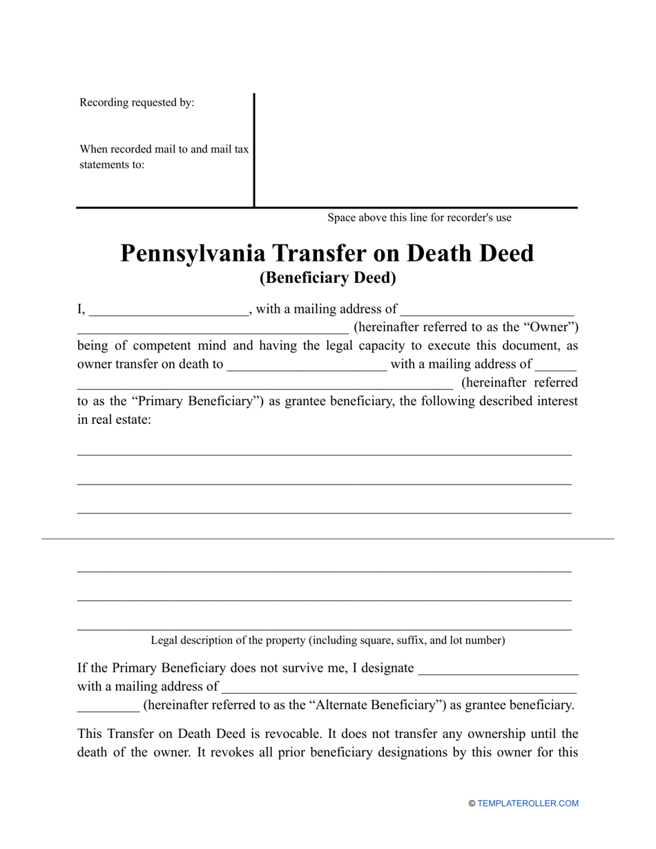 Transfer on Death Deed Form - Pennsylvania, Page 1