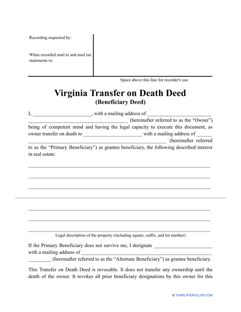 Transfer on Death Deed Form - Virginia Download Pdf