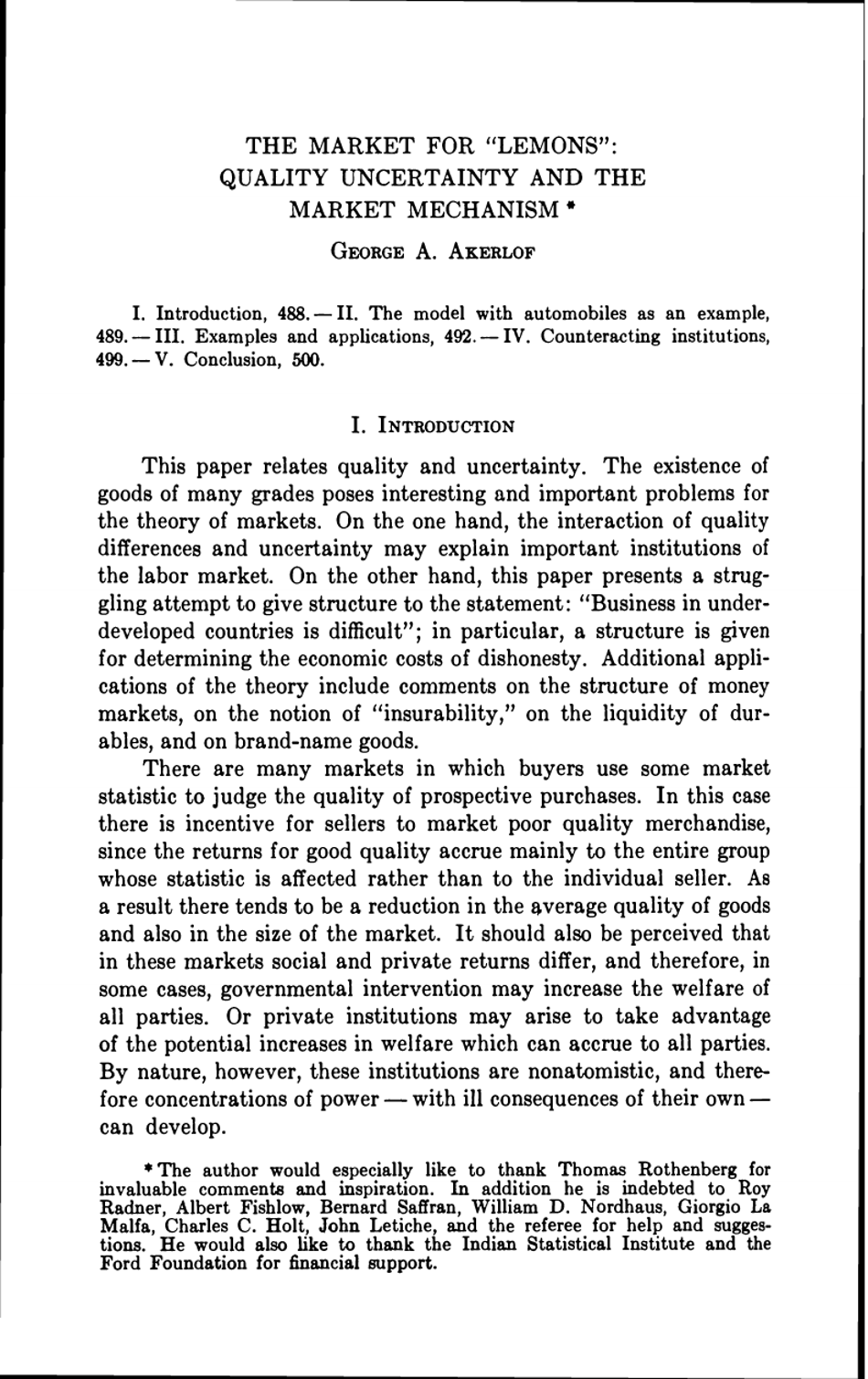 The Market for lemons: Quality Uncertainty and the Market Mechanism - George a. Akerlof, Page 2