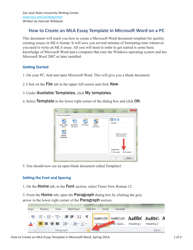 Document preview: How to Create an Mla Essay Template in Microsoft Word on a Pc - Hannah Wiltbank, San Jose University Writing Center